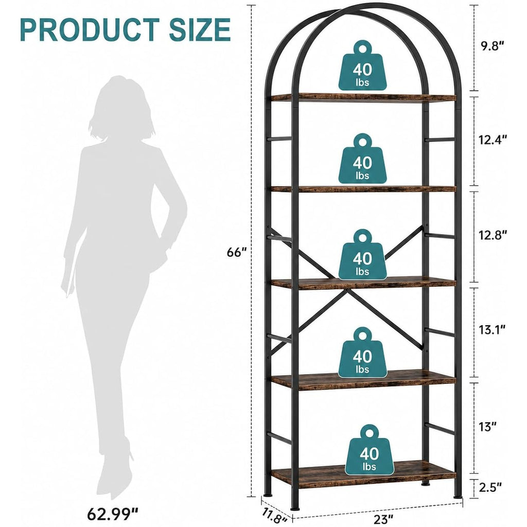 Shintenchi Bookshelf, Arched Bookshelf 5 Tier Bookcase, Tall Shelf For Cds/Books, Home Office Shelf Storage Organizer, Modern Book Shelf For Bedroom/Living Room, Rustic Brown