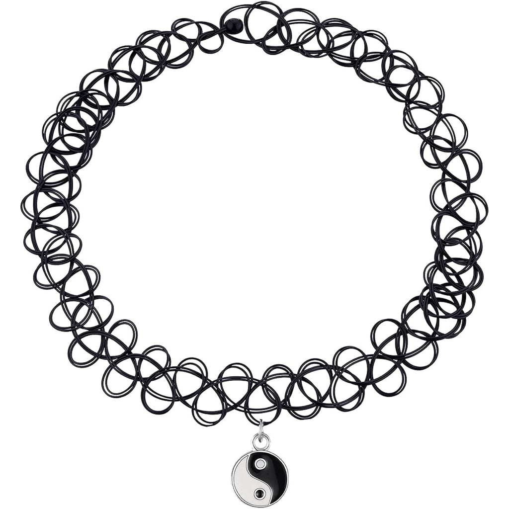BodyJ4You 2PC Tattoo Choker Necklace - 90s Choker Necklace Women - 2000s Y2K Black Chokers Rainbow Choker - Butterfly Ying Yang Unicorn Rainbow Charms - Stretchy Elastic Necklace