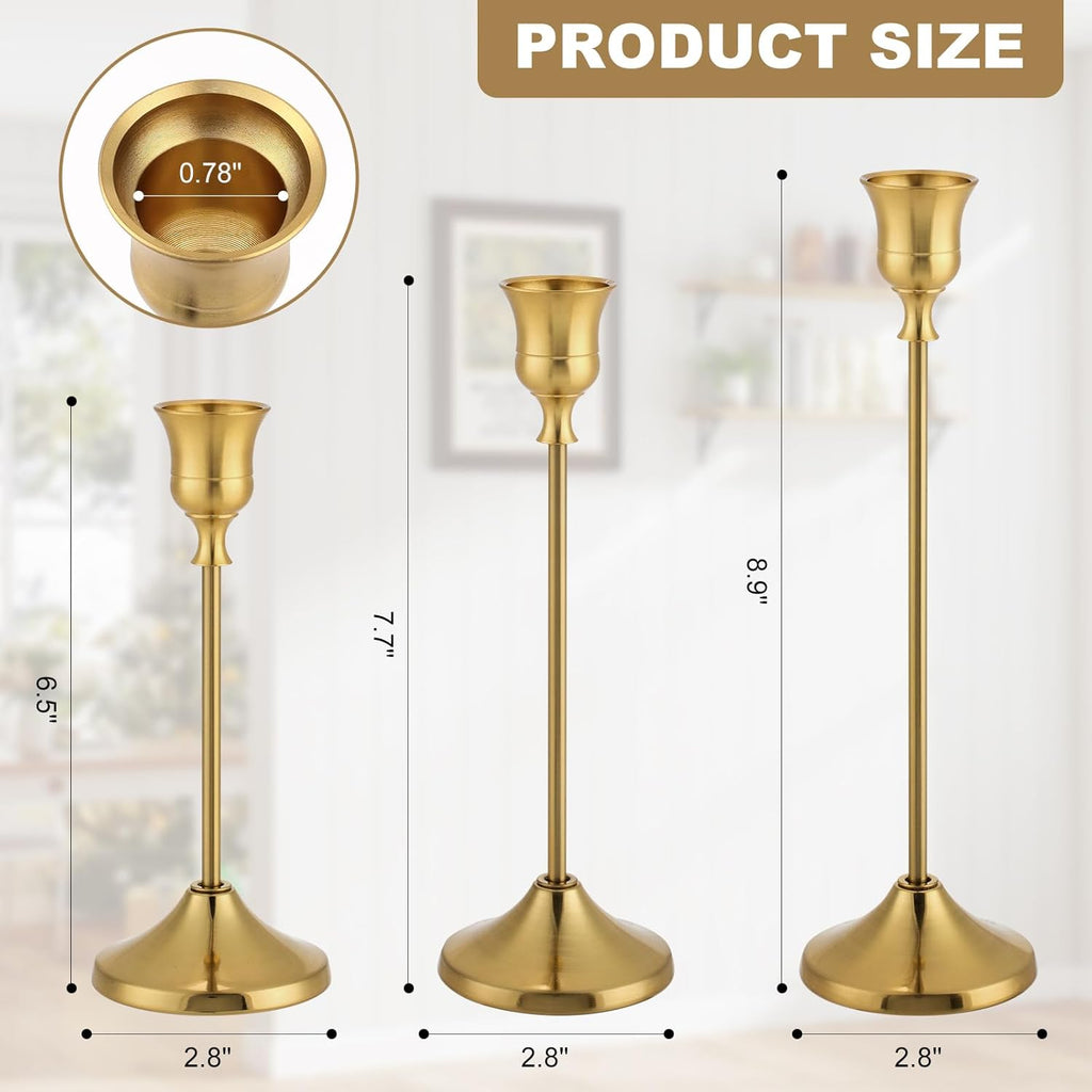 Candlestick Holders 4 Sets(12 Pcs), Brass Gold Candle Holders with Anti-Slip Pad, Metal Taper Candle Holder, Candle Holder for Wedding Fireplace Mantel Housewarming Gift
