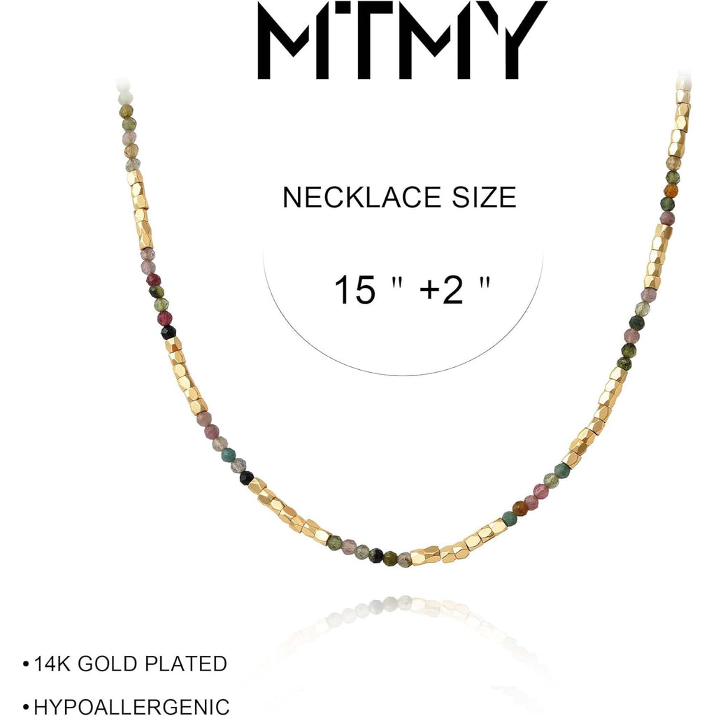 MTMY Beaded Gemstone Choker Necklace for Women, 14K Gold Plated Boho Colorful Natural Stone Bead Chain Necklace Summer Beach Handmade Jewelry