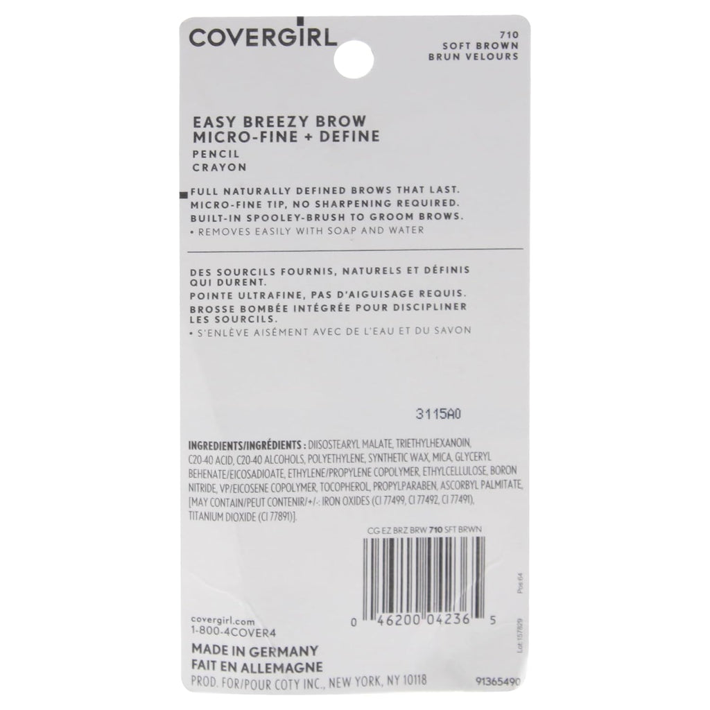 COVERGIRL Easy Breezy Brow Micro-Fine and Define Pencil, Soft Brown, 0.03 Pound , Brown Eyebrow Pencil, No Sharpening Needed, Built in Spoolie, Safe for Sensitive Eyes, Removes Easily