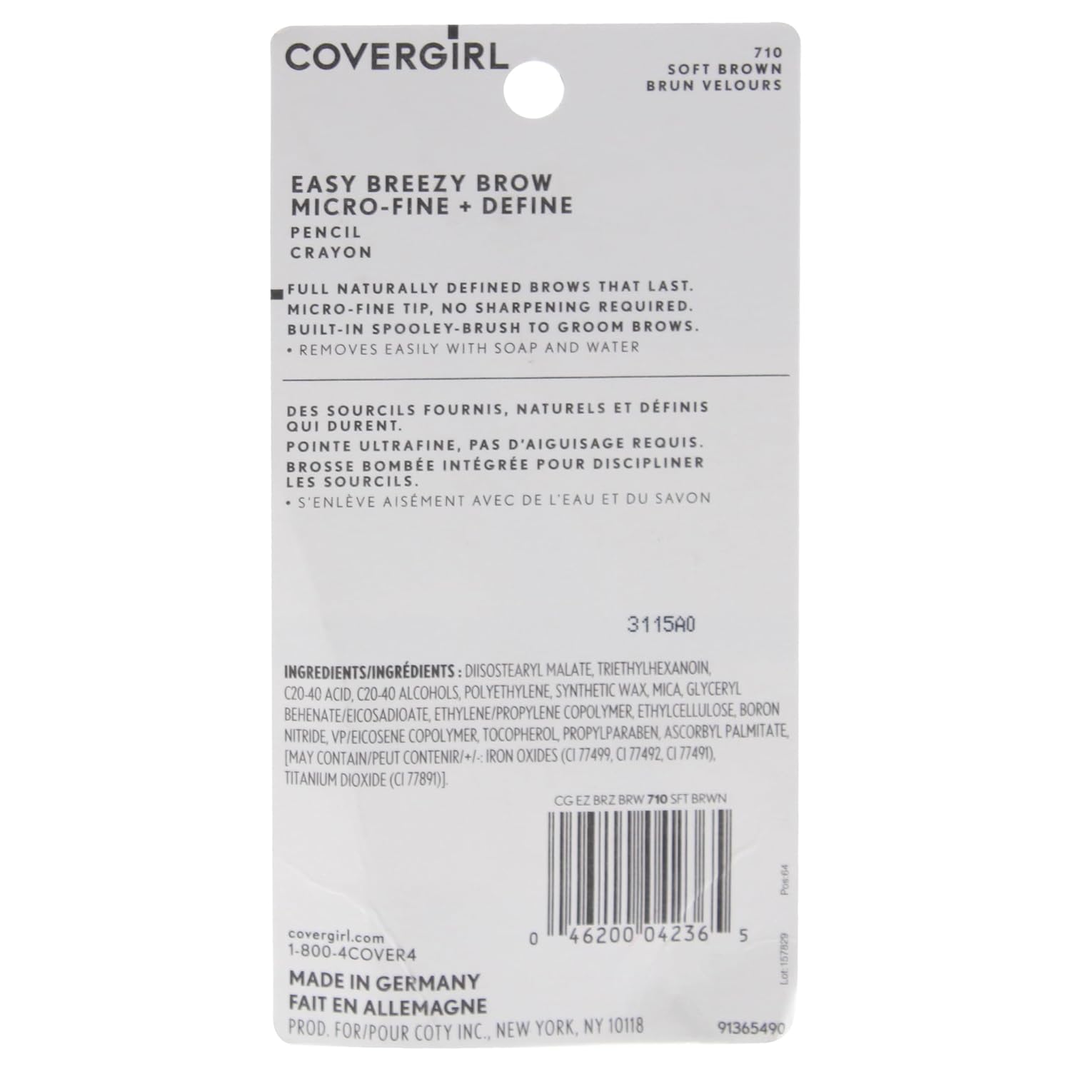 COVERGIRL Easy Breezy Brow Micro-Fine and Define Pencil, Soft Brown, 0.03 Pound , Brown Eyebrow Pencil, No Sharpening Needed, Built in Spoolie, Safe for Sensitive Eyes, Removes Easily