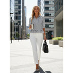 Dokotoo Cropped Button Down Striped Shirt 3/4 Length Sleeve Womens Tops Dressy Casual Blouses Babydoll Tops