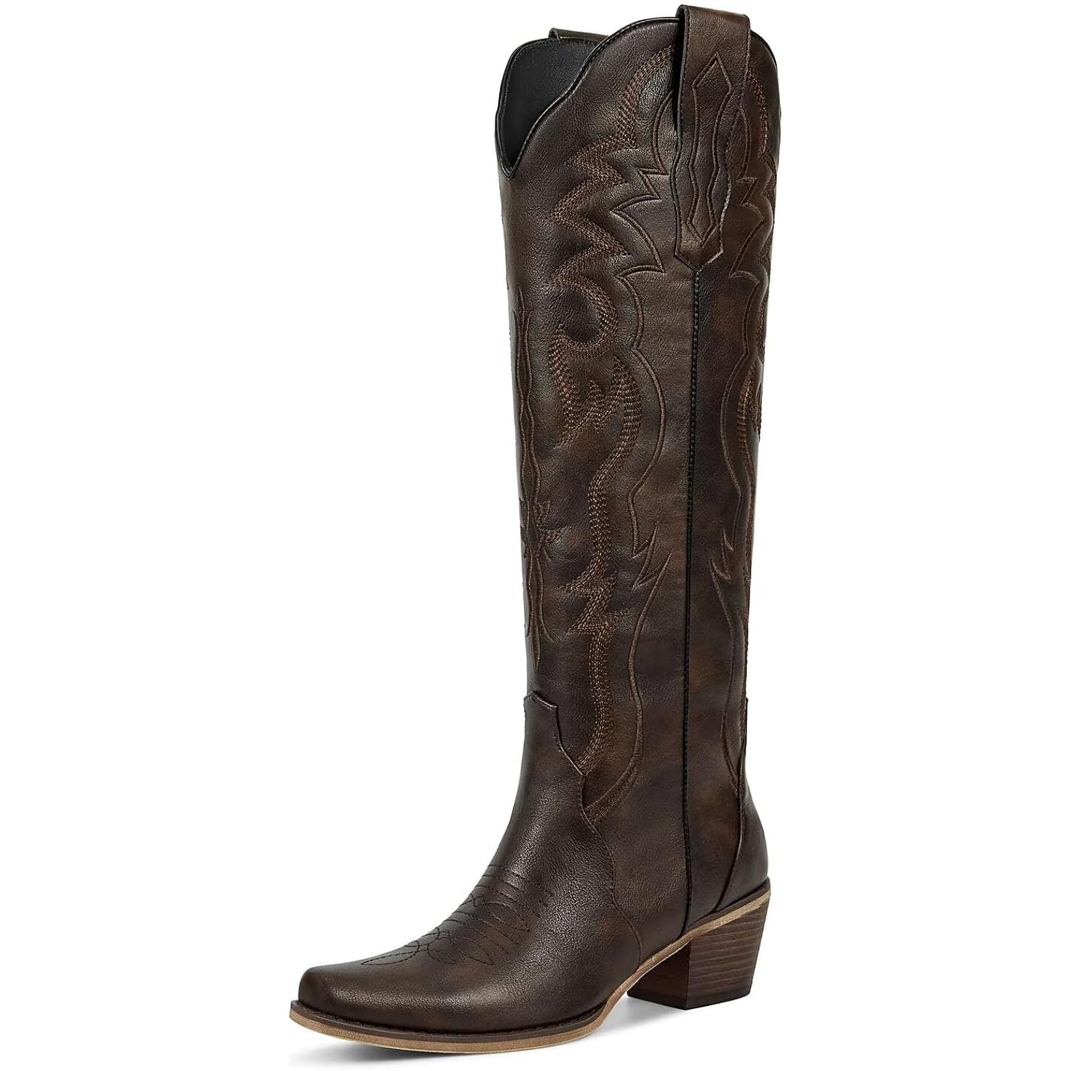 wetkiss Cowboy Boots for Women Knee High Cowgirl Tall Boots with Classic Retro Embroidered Chunky Heel Slip On Pointed Toe Womens Western Boots for Girls Ladies