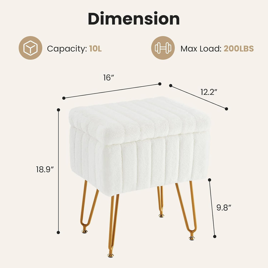 Dumos Vanity Stool Chair Ottoman With Storage, Makeup Cute Soft Small Footstool Modern Style Faux Fur Seat With 4 Metal Legs & Adjustable Feet For Dressing Living Room Bedroom Dorm