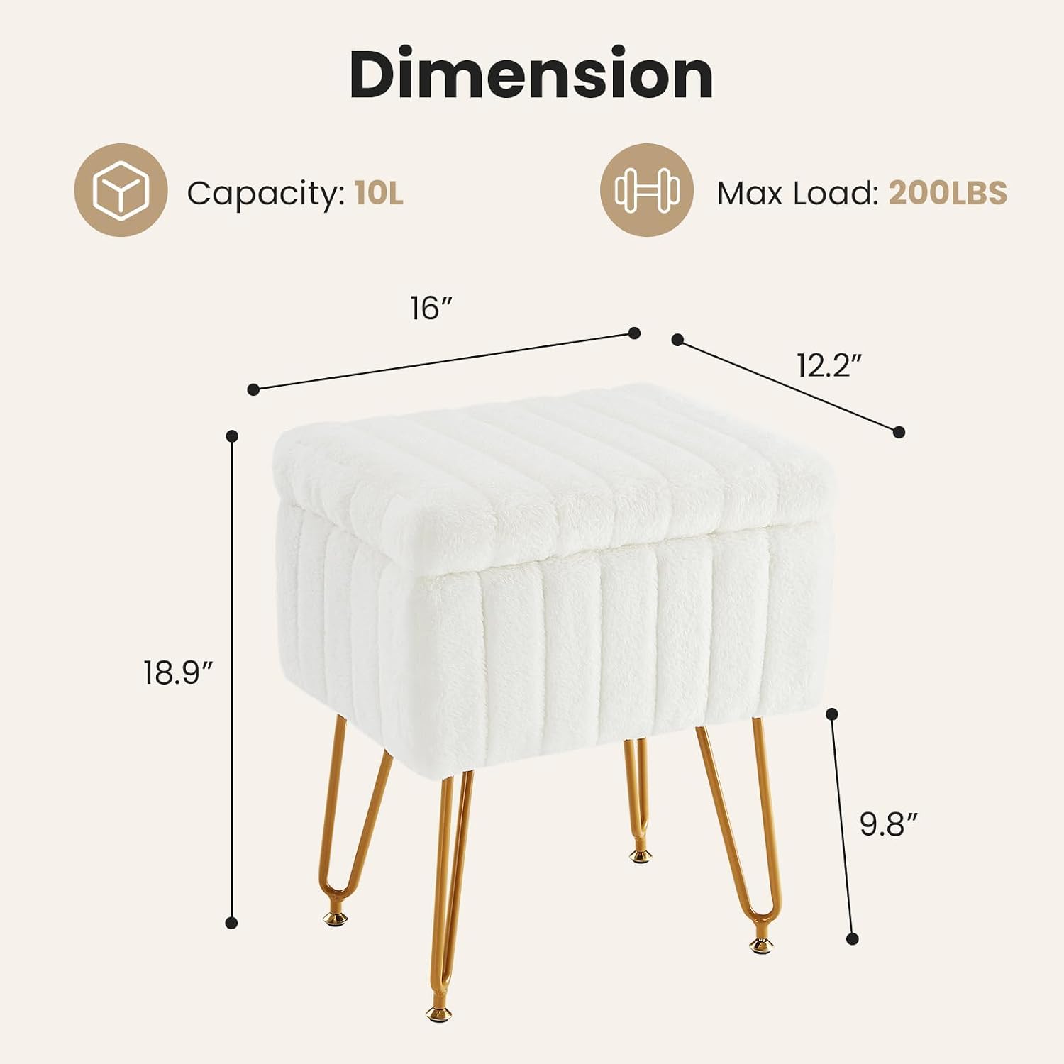 Dumos Vanity Stool Chair Ottoman With Storage, Makeup Cute Soft Small Footstool Modern Style Faux Fur Seat With 4 Metal Legs & Adjustable Feet For Dressing Living Room Bedroom Dorm