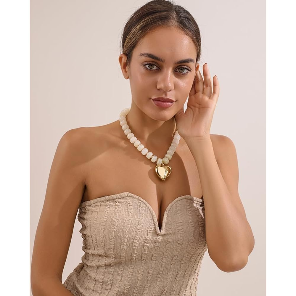 Mothers Day Gifts Puffy Gold Heart Necklaces For Women Chunky Beaded Necklace in Several Colorways Short Heart Choker Statement y2k NecklaceSummer Beach Jewelry Gift