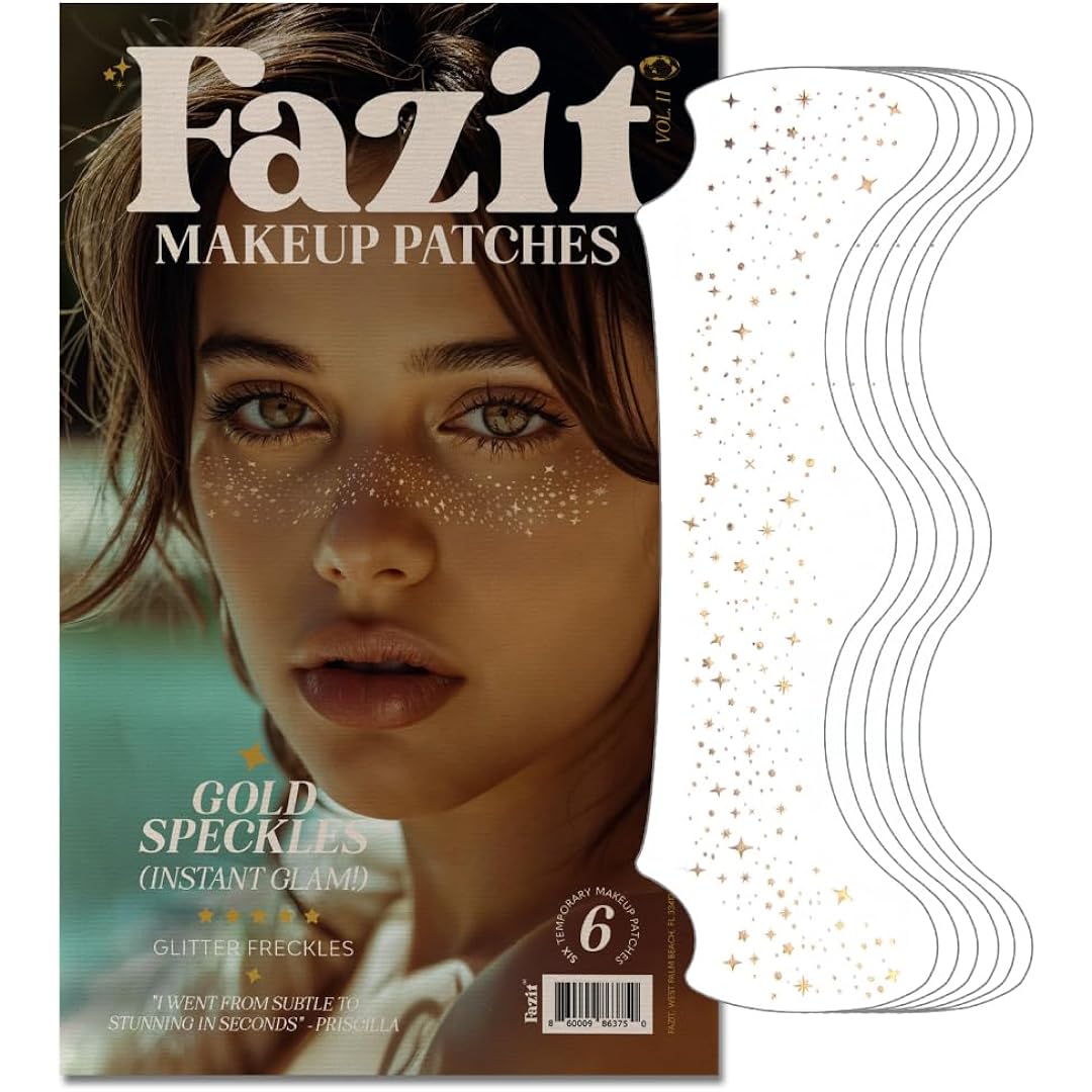 Fazit Gold Speckles - Glitter Freckle Makeup Patches - Shimmering Faux Freckles & Body Glitter - Waterproof, Long-Lasting Instant Glamour For Festivals & Parties - 6 Temporary Makeup Patches Per Pack