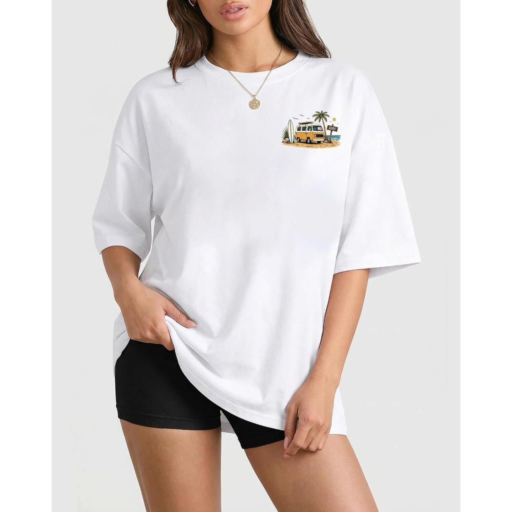 Aiyino Womens Oversized Graphic Tee 100% Cotton California Beach Graphic Shirt Loose Fit Casual Summer Top Tan Obx