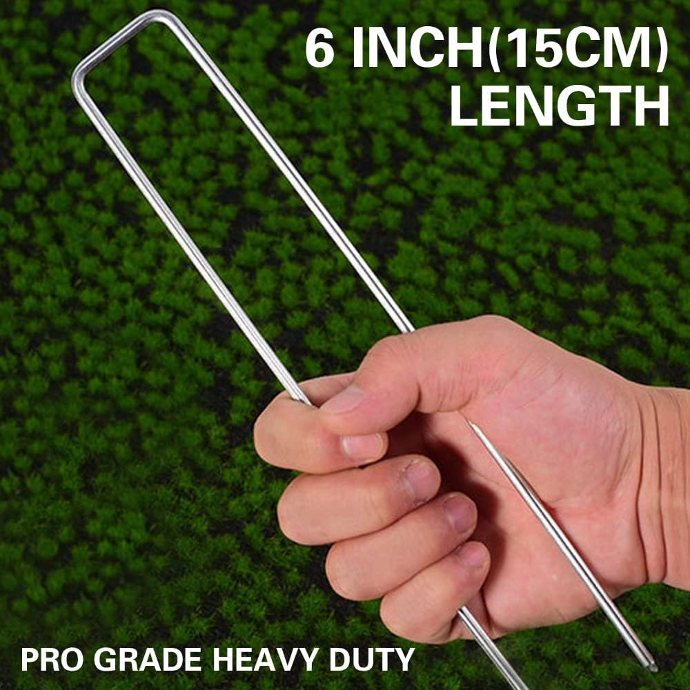 50Pcs Garden Stakes Staples + 50Pcs Gasket, Bakulyor 6 Inch Lawn Landscape Staples 11 Gauge U Shaped Galvanized Landscape Pins, Heavy Duty Yard Ground Pin For Weed Barrier Sod Fabric Decorations - 6"