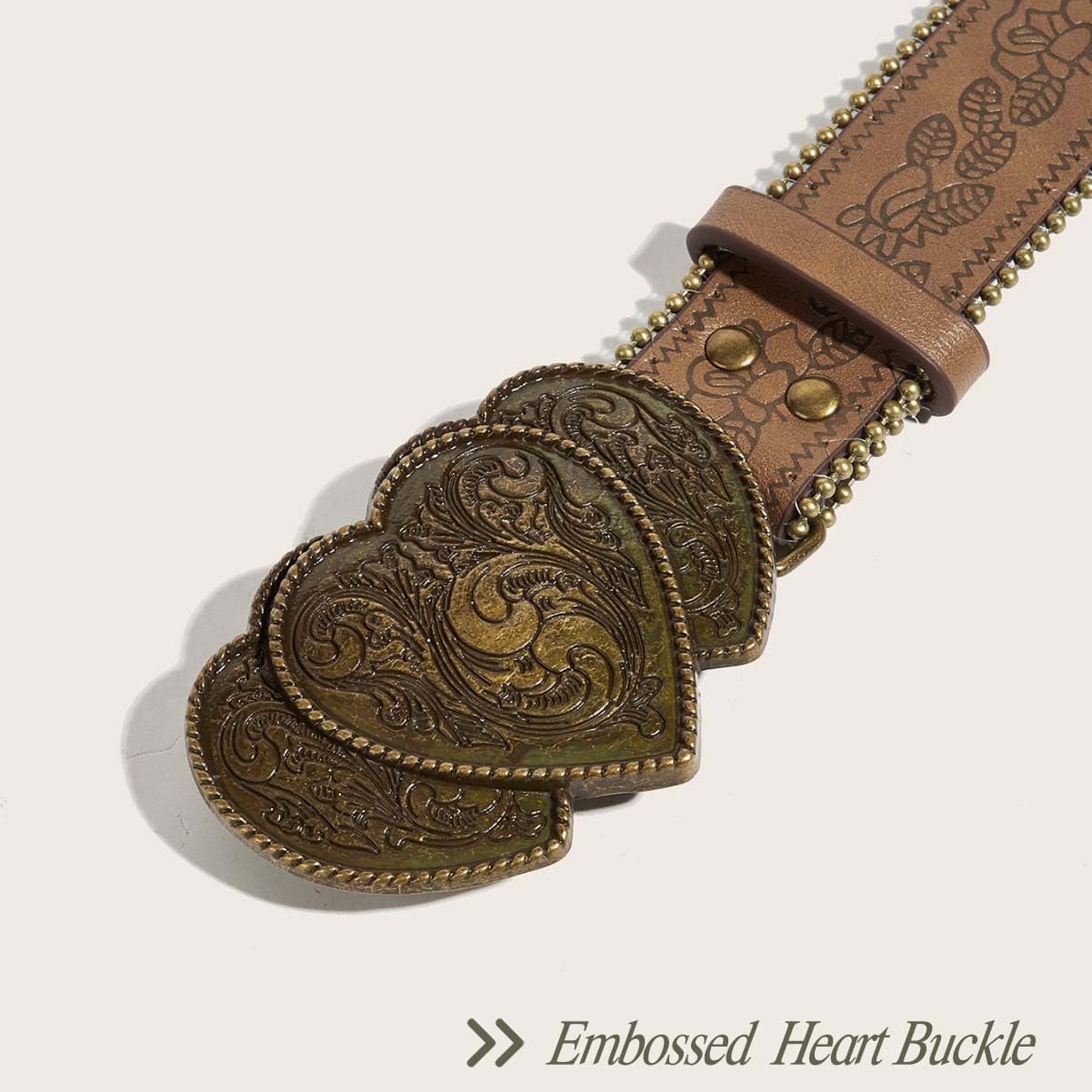 Women Western Belt with Heart Embossed Buckle Vintage Brown Belt for Jeans Pant Dress Cowgirl Cowboy Belts