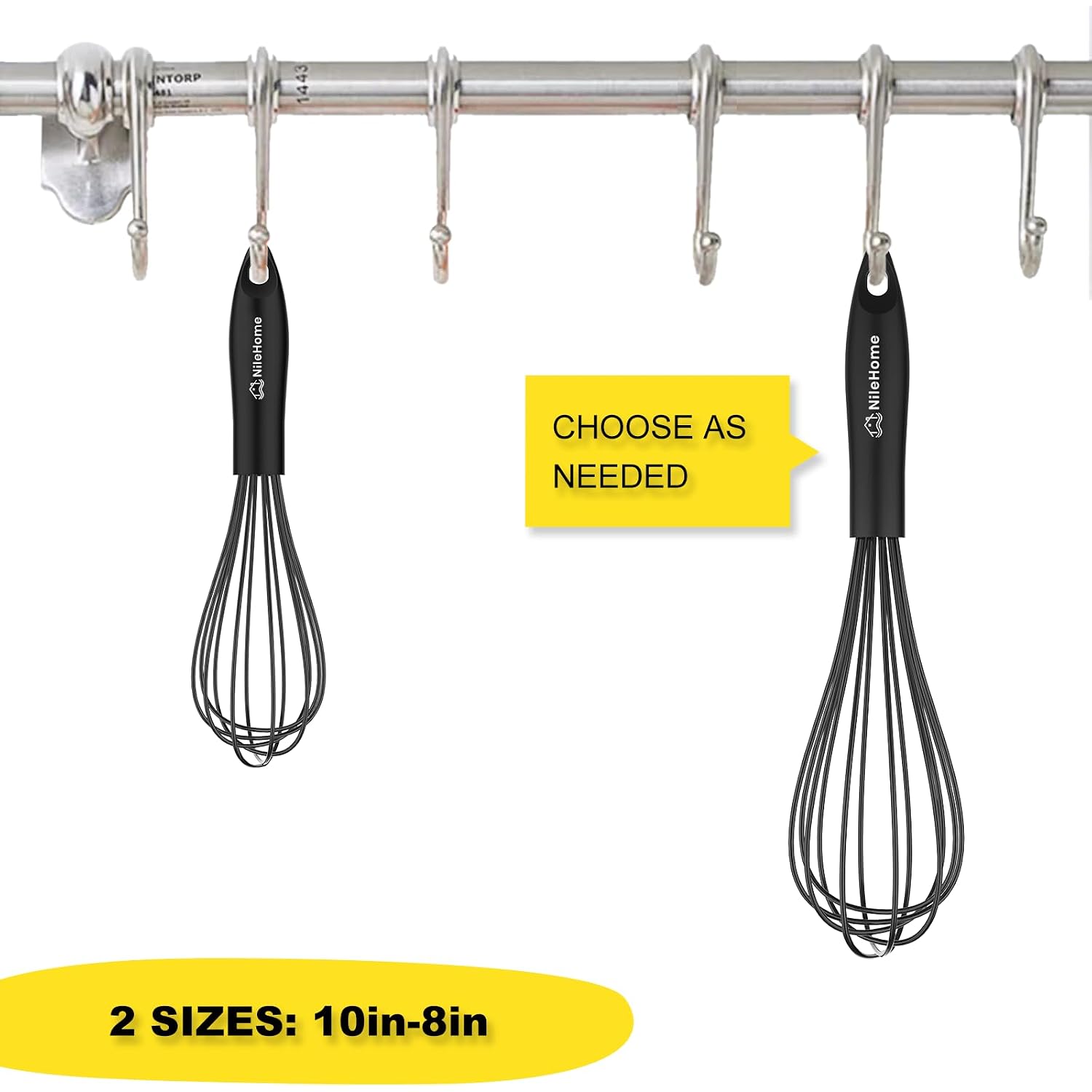 Silicone Whisk Set 8" 10" Kitchen Whisk Kitchen Wisk Wire Whisks For Cooking, Whisking, Blending, Beating, Stirring-Black