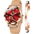 OLEVS Rose Gold Watch for Women Mesh Strap Fashion Dress Hearts Japanese Quartz Waterproof Luminous Ladies Watches Bracelet Sets