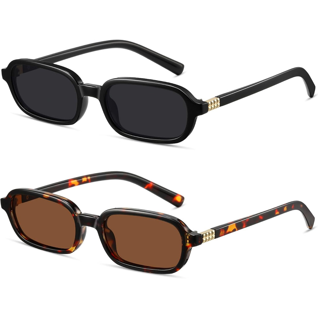 Retro Rectangle Sunglasses for Women Men Trendy Vintage Small Square Sun Glasses 90s Fashion Cute Sunnies CL010 Black Frame/Black Lens+tortoise Frame/Brown Lens