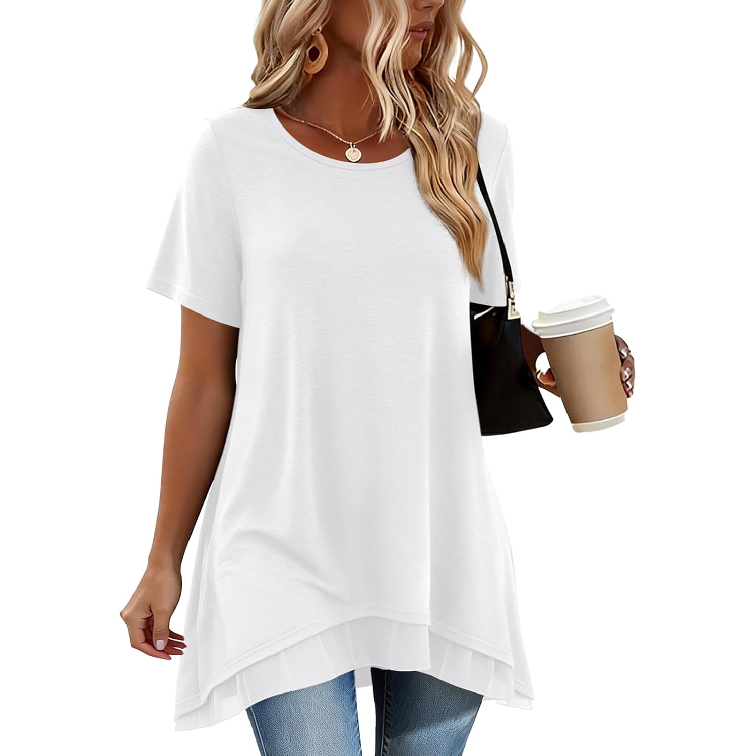 Women's Short Sleeve Tunic Tops for Legging Layered Chiffon Hem Casual Loose Long Shirts with Pockets