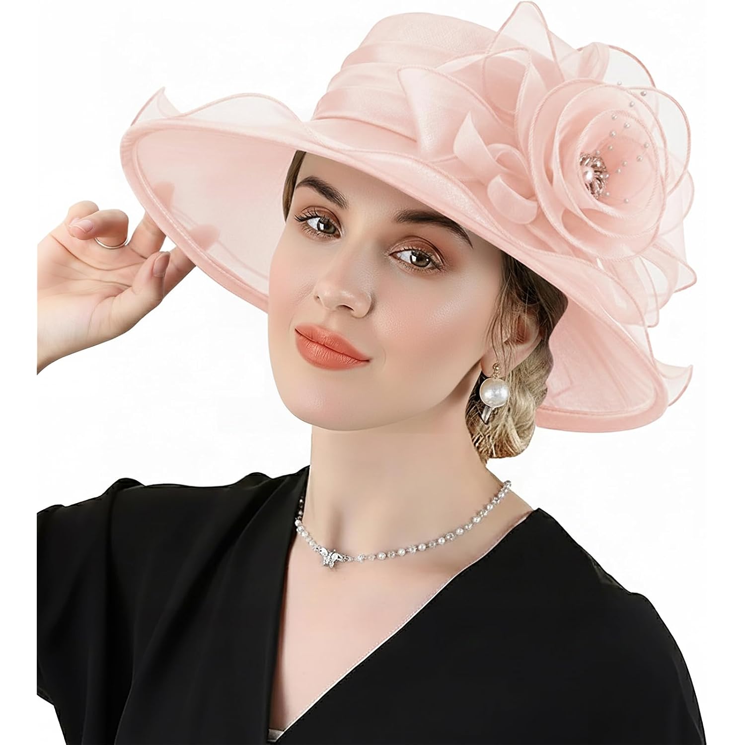 Dreshow Women Organza Hat Church Cap Hats Clearance Kentucky Derby Cocktail Tea Party Wedding Flower Hat With Wide Brim