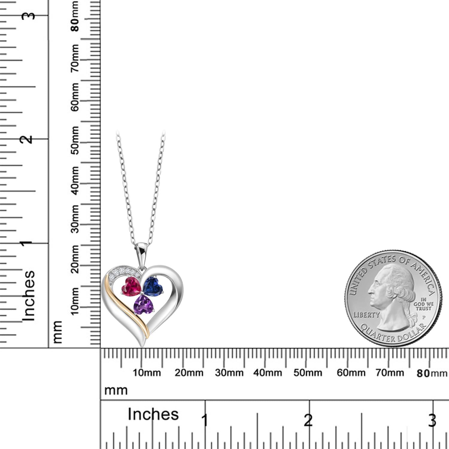 Gem Stone King Customized Personalized Engraved 3-Stone Heart Pendant Necklace For Women | 925 Silver and 10K Yellow Gold | Gemstone Birthstone and Lab Grown Diamond | 5MM Heart | 18 Inch Chain