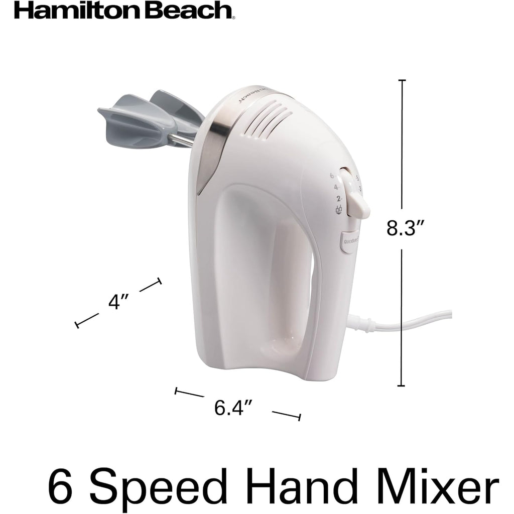 Hamilton Beach 6-Speed Electric Hand Mixer With Easy Clean Beaters | Traditional Beaters | Dough Hooks | Whisk | Snap-On Storage Case | 275 Watt Motor | White | 62636J
