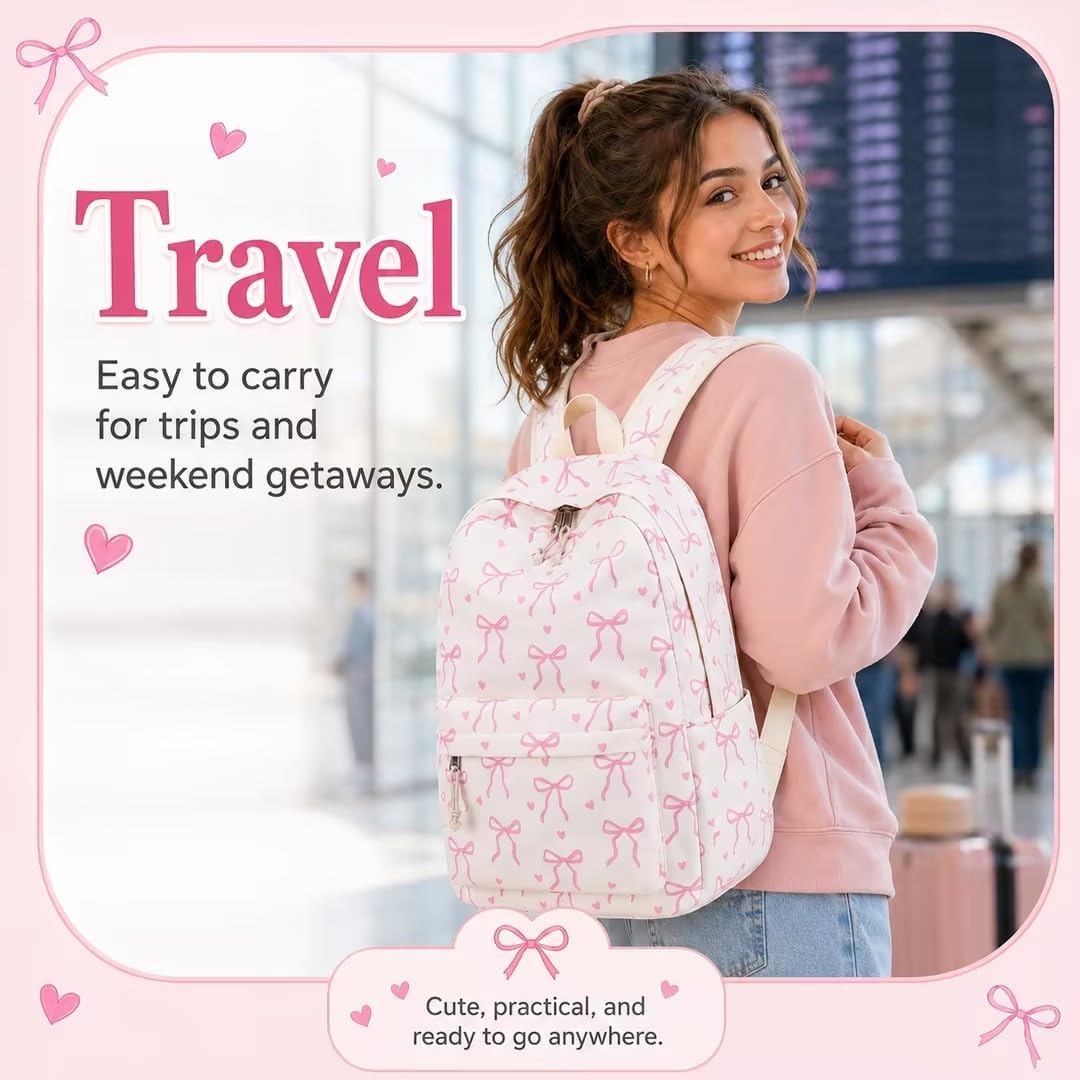 Backpack For Girls School Backpacks Bookbags For Elementary Middle School Women Laptop Backpacks (Bow Tie Beige, L-17)