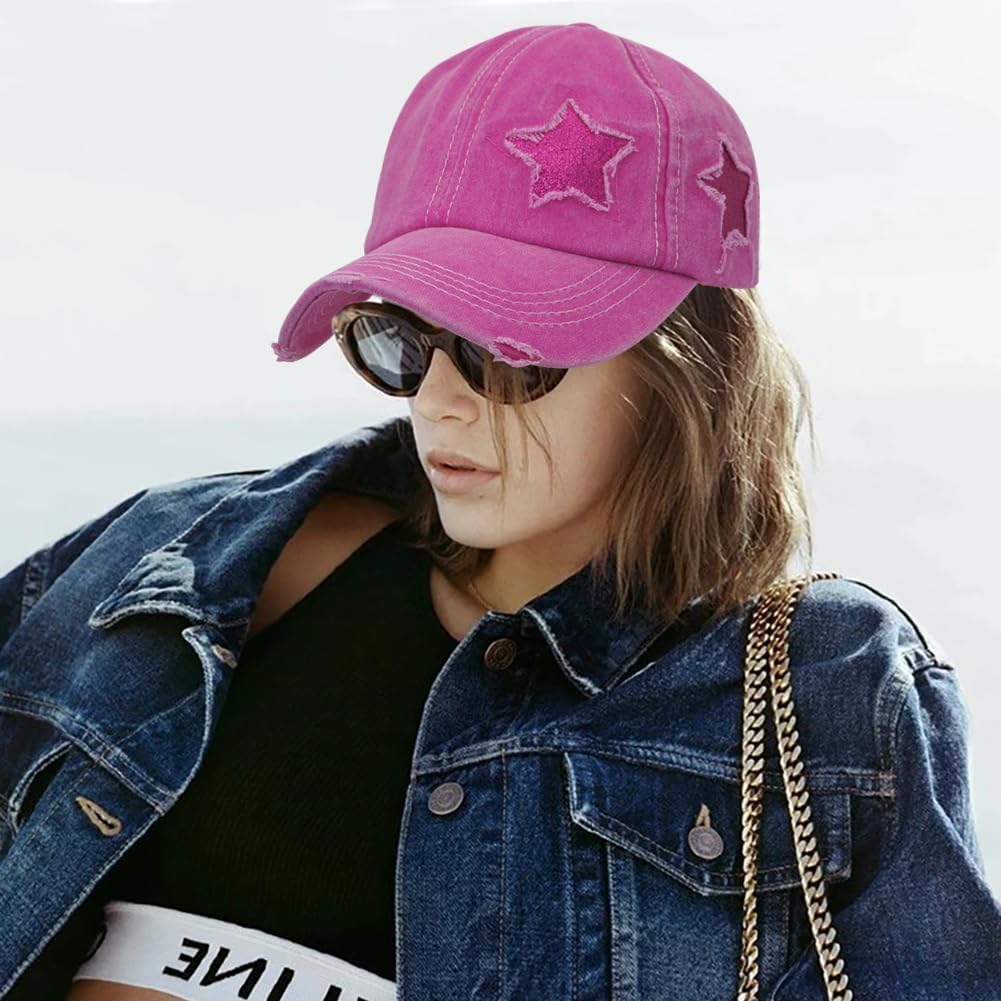 Initlove Ponytail Baseball Cap for Women Star High Messy Bun Caps Washed Cotton Distressed Hats Rose Red