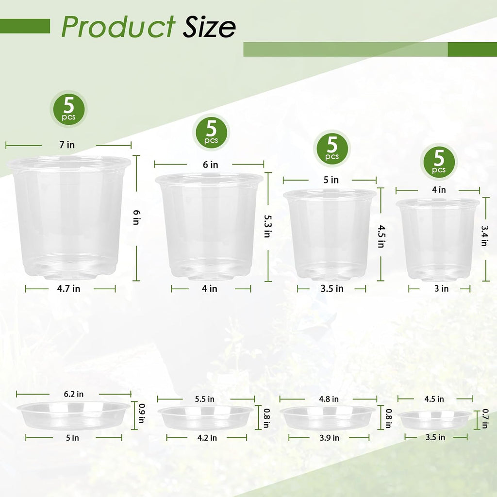 Fuijol 4/5/6/7 Inch Clear Nursery Pots For Plants With Sacuers 20 Pack, Plastic Flower Pots With Drainage Holes, Variety Pack Seedlings Garden Pot For Indoor Outdoor (4+5+6+7 Inch)