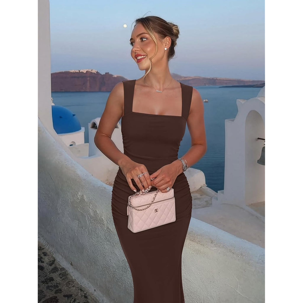 Reoria Summer Wedding Guest Maxi Dresses For Women | Sleeveless,Square Neck,Sheer Mesh,Ruched,Slim,Bodycon,Formal,Elegant Long Dress,Cocktail,Club Nightout,2026 Trendy Clothes