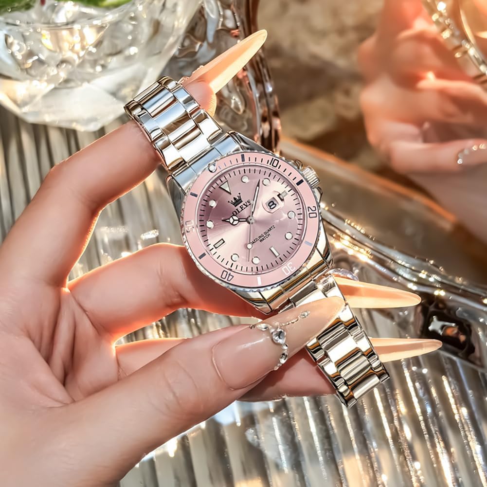 Olevs Womens Watch Classic Dress Number Female Watches For Ladies Analog Quartz Stainless Steel Waterproof Luminous Day Date Two Tone Easy To Read Wristwatch