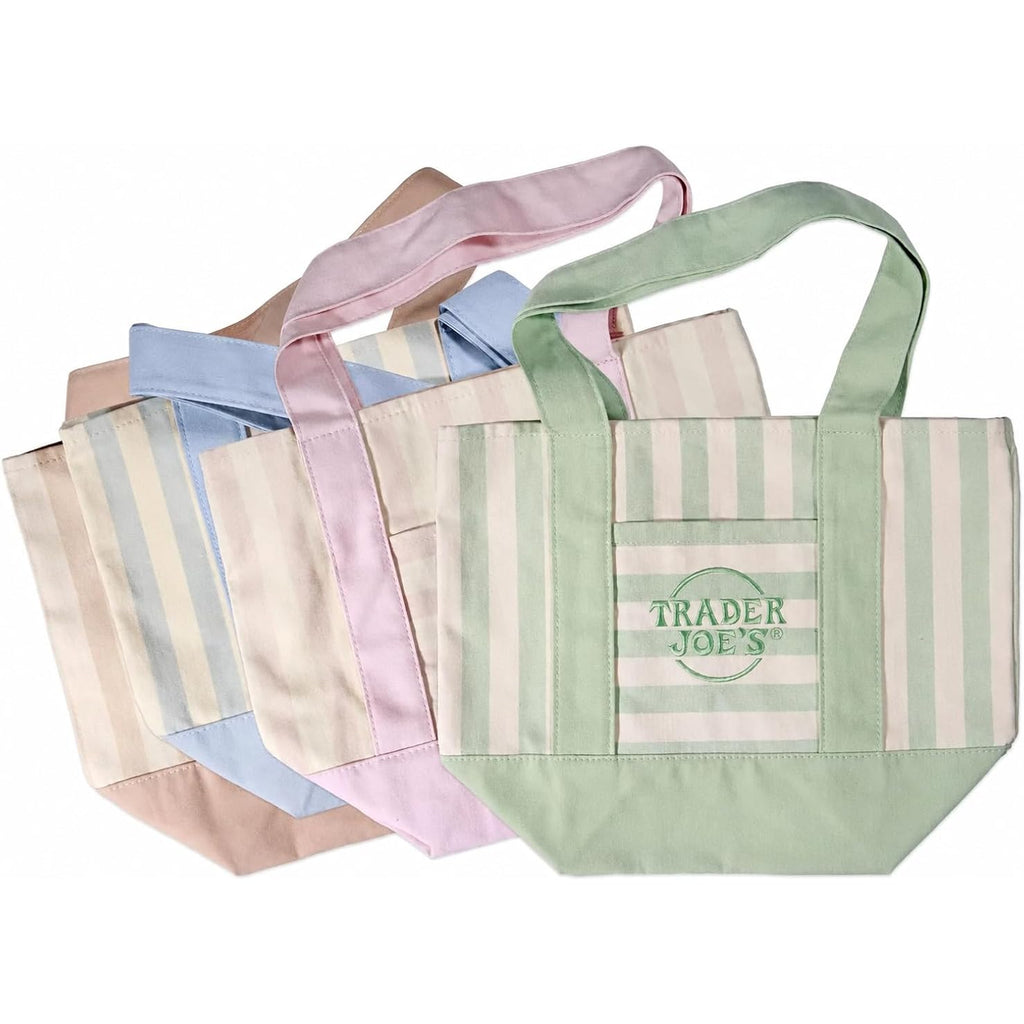 Set Of 4 Mini Striped Canvas Tote Bags, Pastel Mint Green, Pink, Light Blue, And Beige