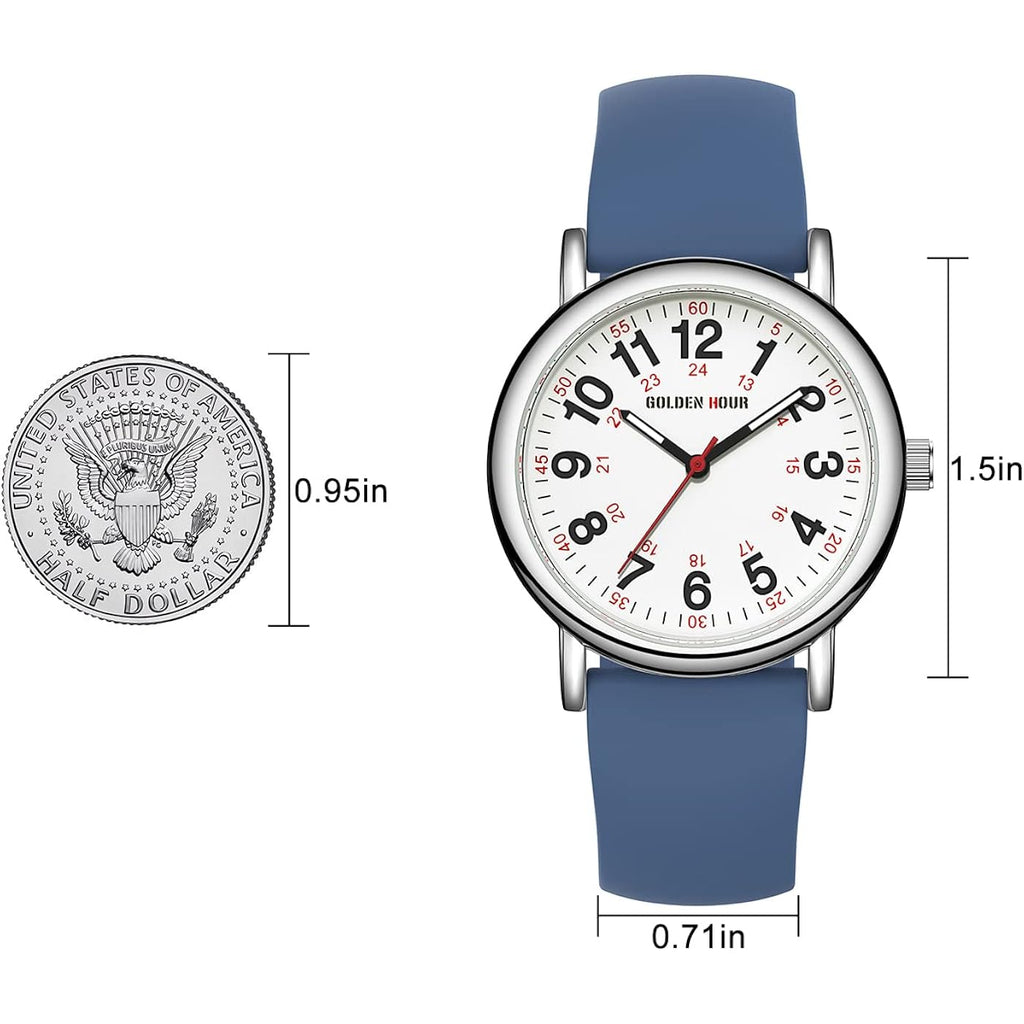 Golden Hour Waterproof Nurse Watch For Medical Professionals, Students Women Men - Military Time Luminouse Easy Read Dial, 24 Hour With Second Hand, Colorful Silicone Band