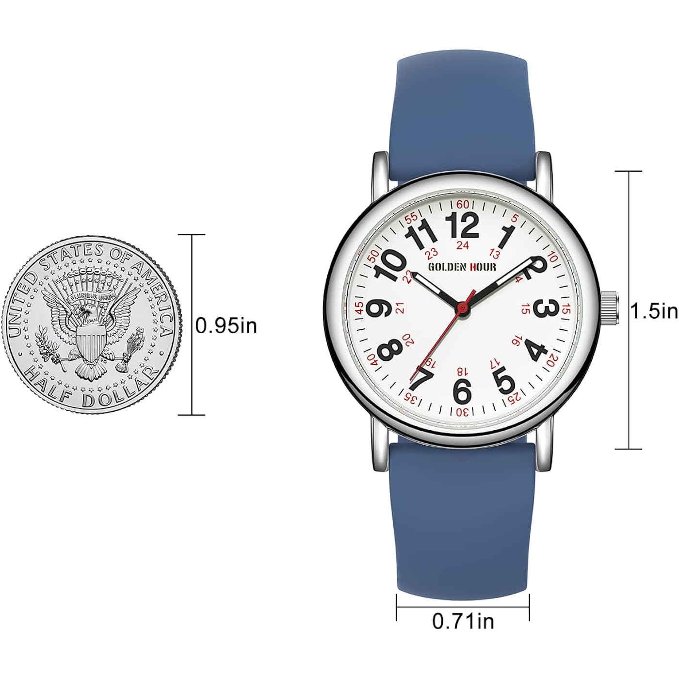 Golden Hour Waterproof Nurse Watch For Medical Professionals, Students Women Men - Military Time Luminouse Easy Read Dial, 24 Hour With Second Hand, Colorful Silicone Band