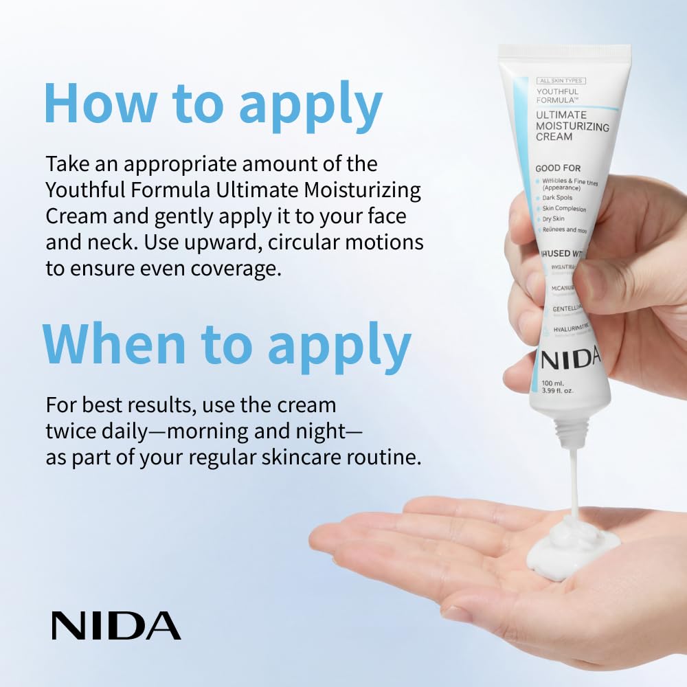 NIDA Youthful Formula™ Ultimate Moisturizing Cream | Centella Asiatica, Niacinamide, Hyaluronic Acid, Collagen | Wrinkles, Fine Lines, Dark Spots, Dry Skin, Redness | 3.38 fl. oz., 100ml (New Formula)