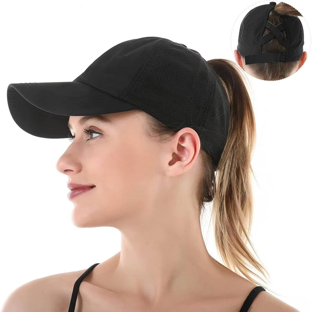 Criss-Cross Ponytail-Baseball-Cap for Women - Adjustable-High-Messy Bun Trucker-Hat Quick-Dry Mesh-Sun-Cap for Outdoor Black
