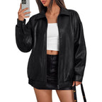 Trendy Queen Womens Oversized Leather Jacket Moto Bomber Coat Spring Fall | Spring Jacket Boyfriend Fall Clothes Going Out Fashion Concert Party Coat Travel Airport Winter Outfits