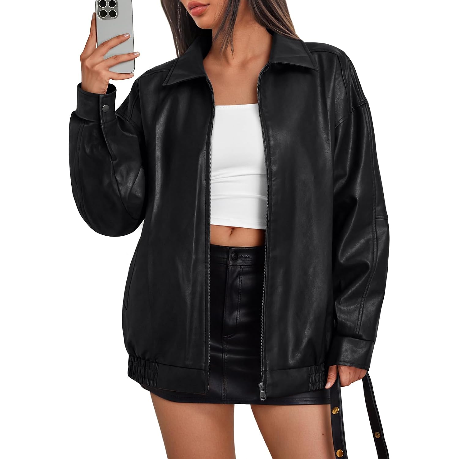 Trendy Queen Womens Oversized Leather Jacket Moto Bomber Coat Spring Fall | Spring Jacket Boyfriend Fall Clothes Going Out Fashion Concert Party Coat Travel Airport Winter Outfits