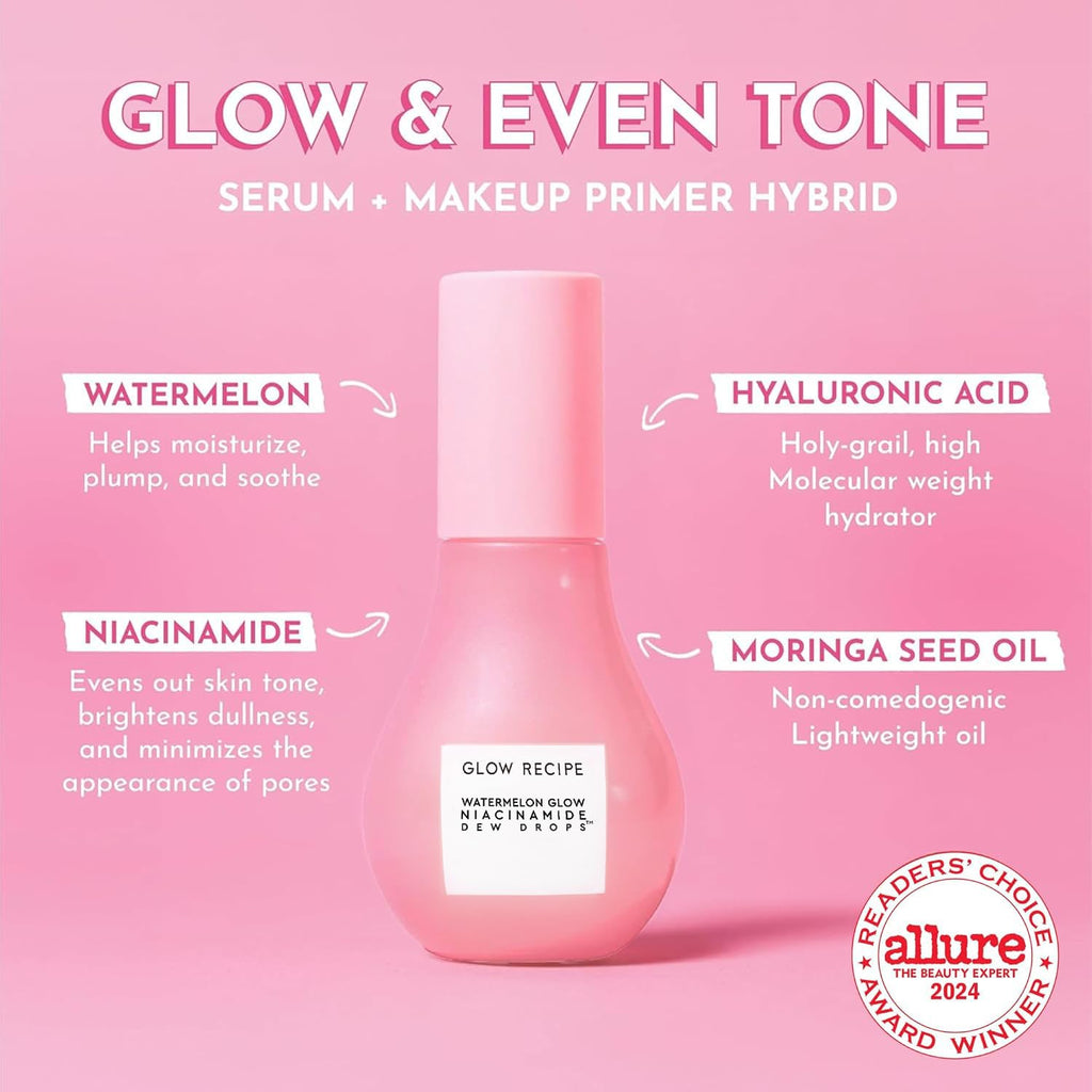 Glow Recipe Watermelon Niacinamide Dew Drops, Korean Niacinamide Serum Drops, Hydrating Face Serum + Primer & Liquid Highlighter, Hyaluronic Acid, Dewy Glow (40Ml)