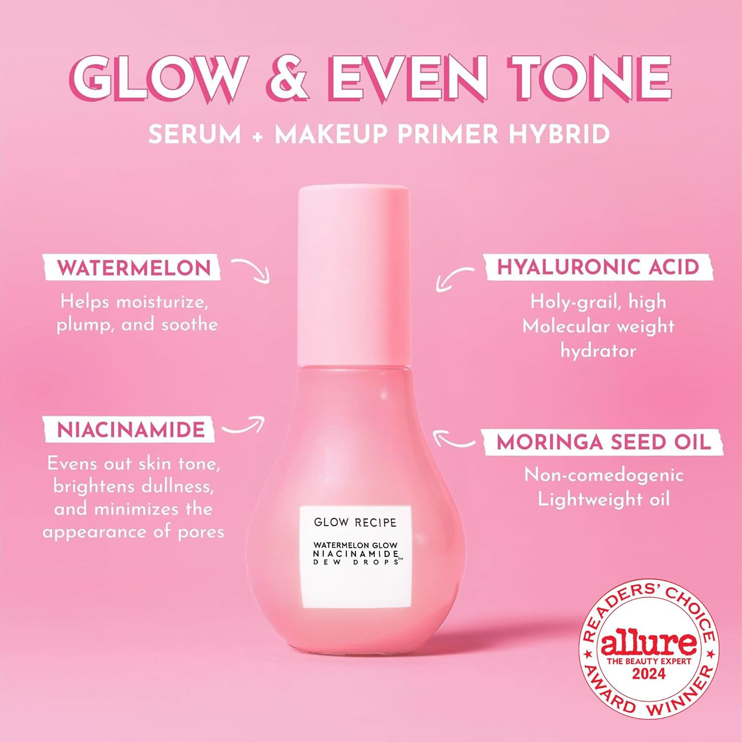 Glow Recipe Watermelon Niacinamide Dew Drops, Korean Niacinamide Serum Drops, Hydrating Face Serum + Primer & Liquid Highlighter, Hyaluronic Acid, Dewy Glow (40Ml)