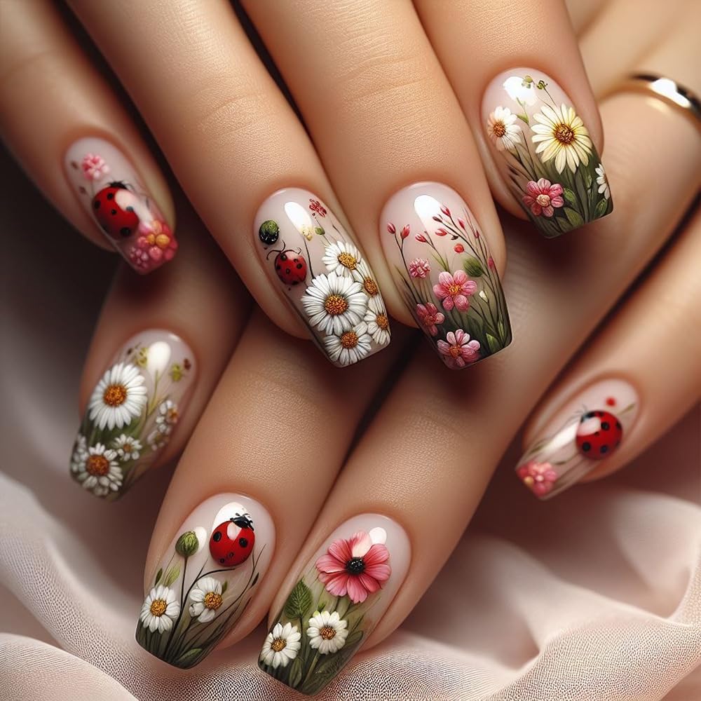 Spring Press on Nails Square Medium Length Fake Nails Daisy Flowers Acrylic Nails Green Leaf Floral False Nails Gradient Coffin Artificial Nails Glossy Glue on Nails for Women Nails Decoration 24Pcs