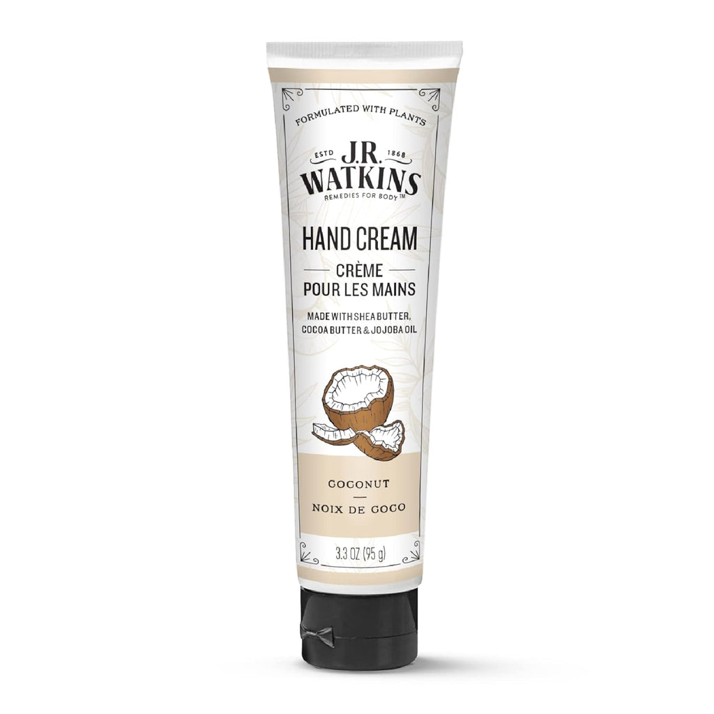 J.R. Watkins Natural Moisturizing Hand Cream, Hydrating Hand Moisturizer with Shea Butter, Cocoa Butter, and Avocado Oil, USA Made and Cruelty Free, 3.3oz, Coconut, Single
