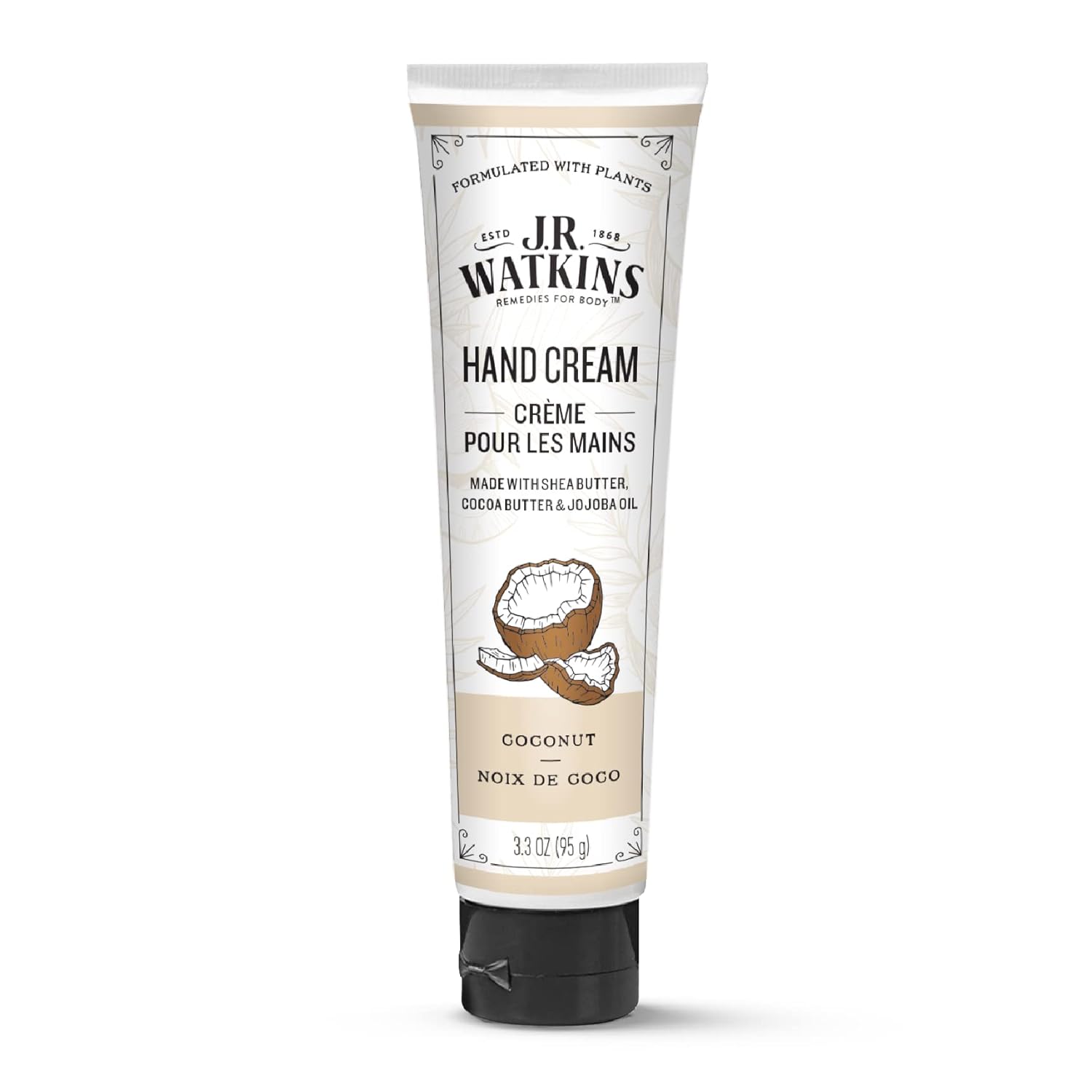 J.R. Watkins Natural Moisturizing Hand Cream, Hydrating Hand Moisturizer with Shea Butter, Cocoa Butter, and Avocado Oil, USA Made and Cruelty Free, 3.3oz, Coconut, Single