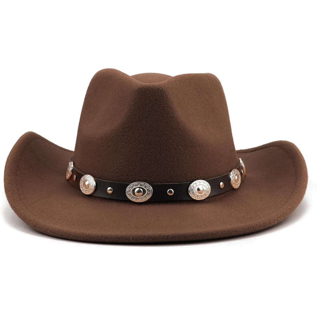 DRESHOW Women Men Classic Felt Wide Brim Western Cowboy & Cowgirl Cap Belt Buckle Retro Panama Hat Unisex Rolled up Caps 1 Pack: Coffee (Hat Circumference: 22-22.8")