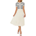 Zesica Women'S 2026 Casual Striped Midi Dress Crewneck Short Sleeve Button Ribbed Knit Swing Pleated A Line Dresses