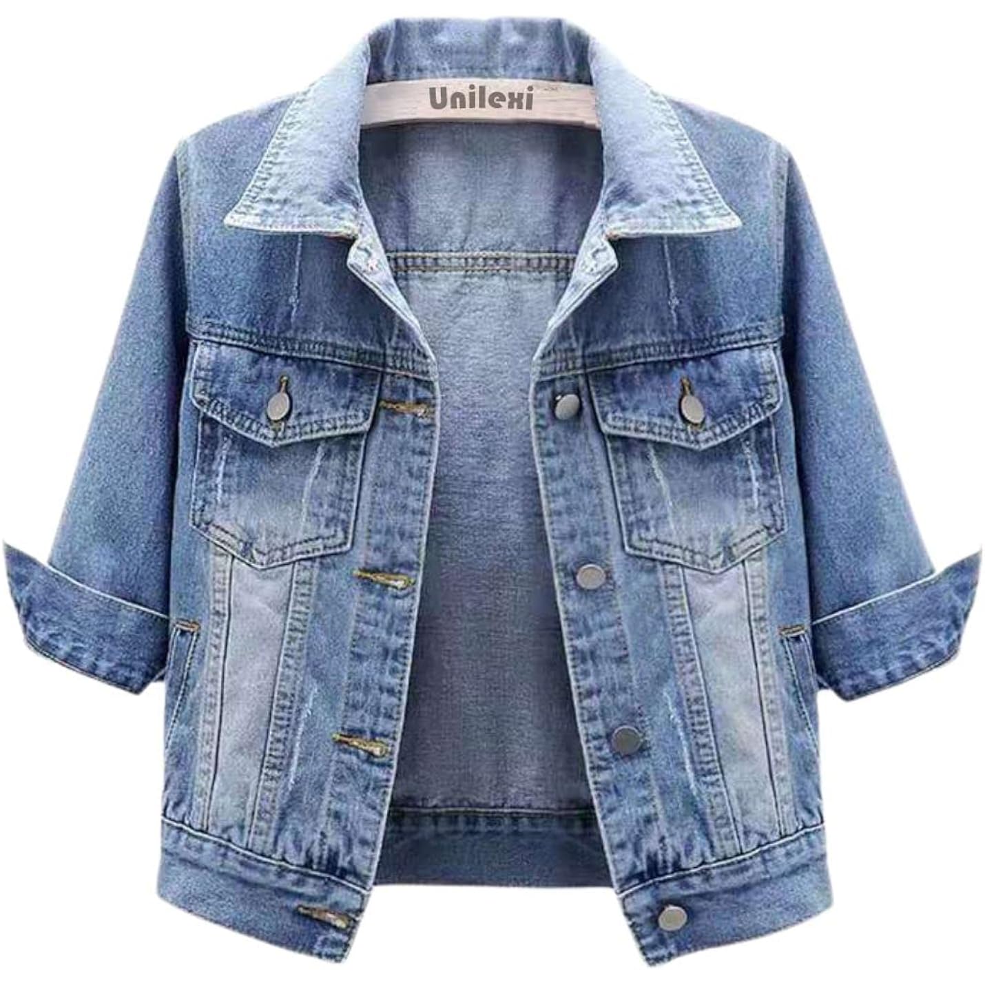 Unilexi Women'S 3/4 Sleeve Colored Cropped Denim Jacket Light Wash Short Jean Jacket Trucker Coat