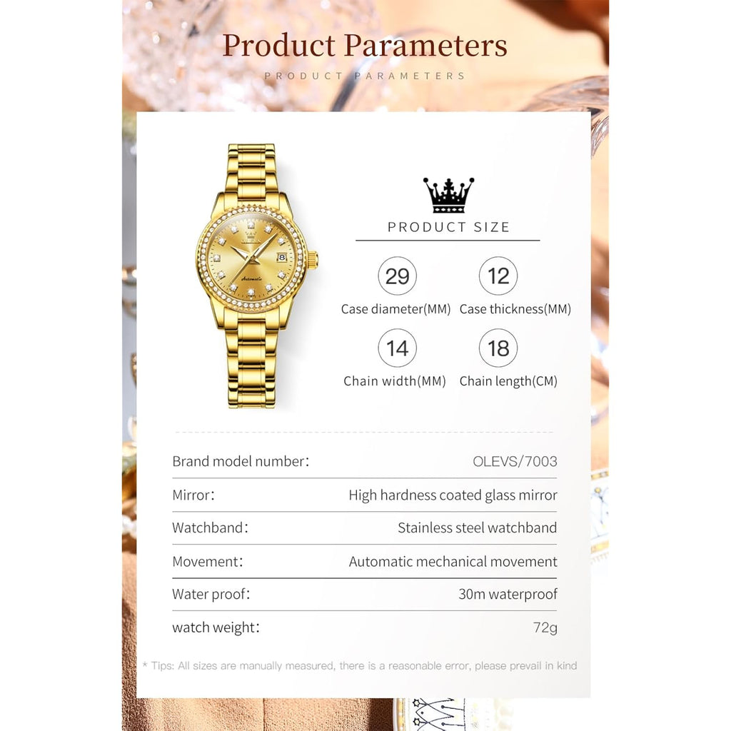 Olevs Womens Diamond Watches Automatic Mechanical Gold Luxury Dress Ladies Self Winding Original Stainless Steel Wrist Watch