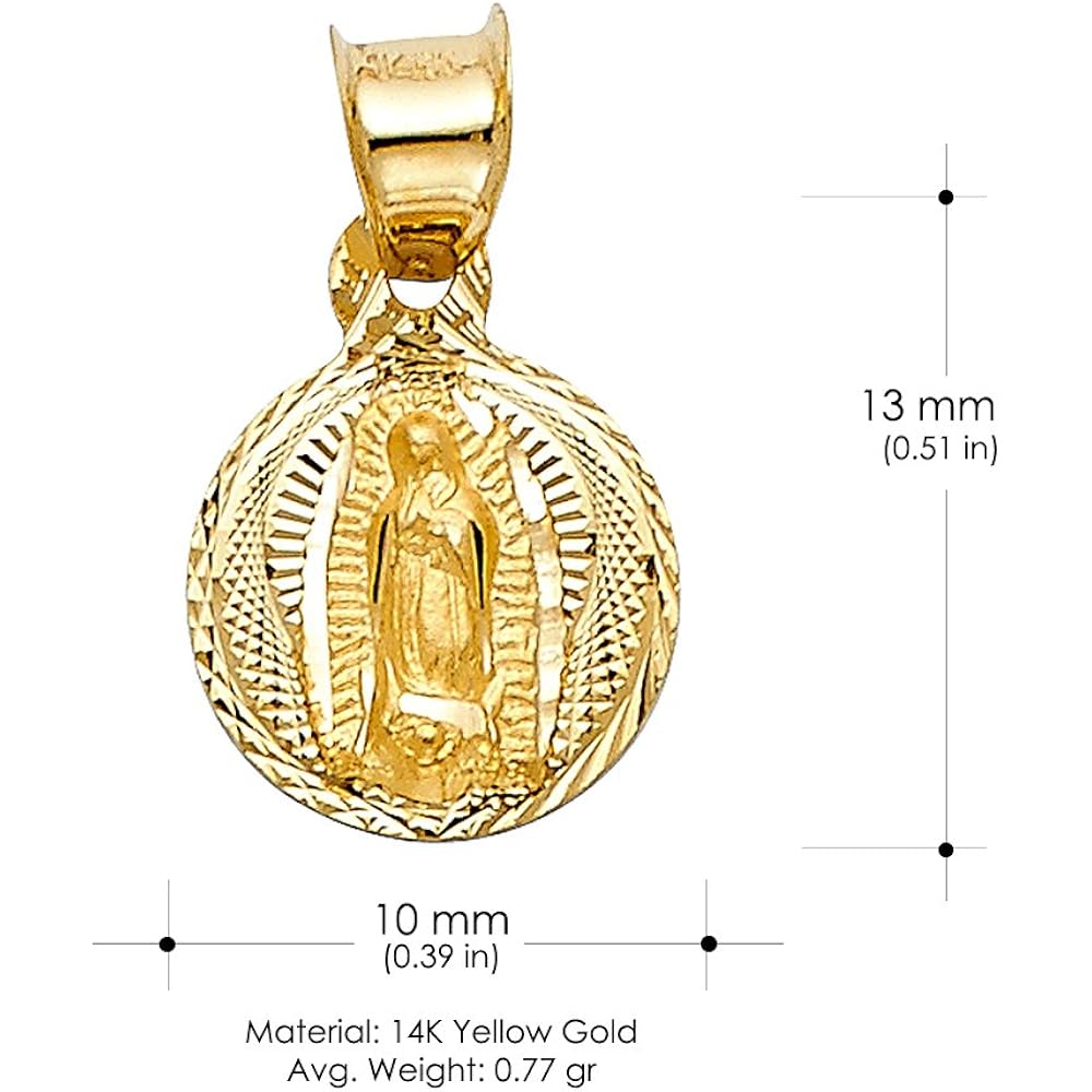 Ioka 14K Yellow Gold Diamond Cut Our Lady of Guadalupe Stamp Charm Pendant with 1.2mm Flat Open Wheat Chain Necklace