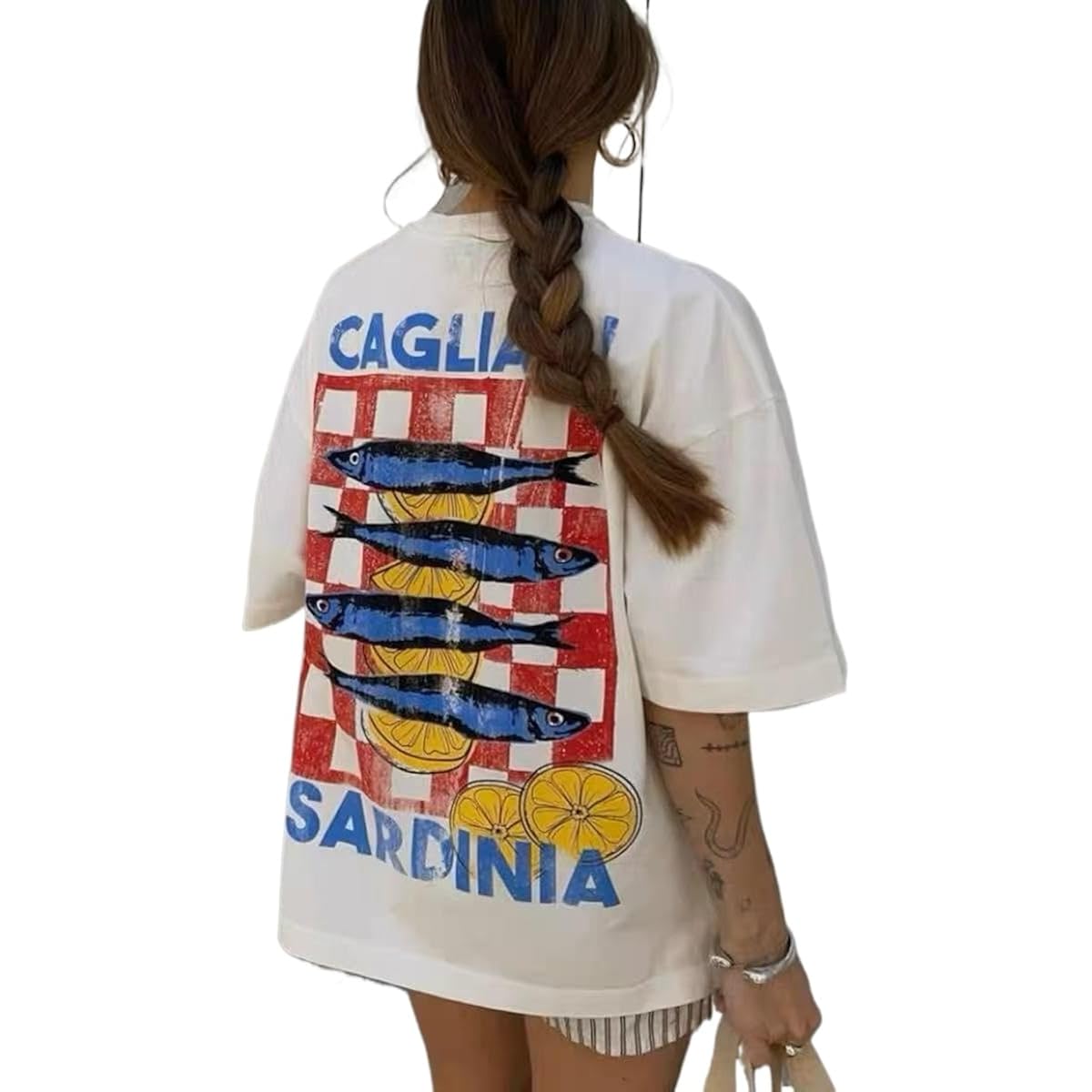 Cute Strawberry Beach Shirts Oversized Graphic Tees Women Short Sleeve Y2k Summer Tops 2000s Aesthetic Preppy Clothes Fish Blue