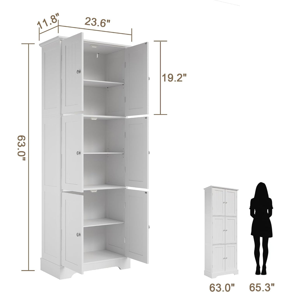 Choochoo 63.2" Tall Bathroom Storage Cabinet With 6 Doors | Freestanding Floor Cabinet, Adjustable Shelves, Pantry Cabinet For Bathroom, Kitchen, Laundry Room, White