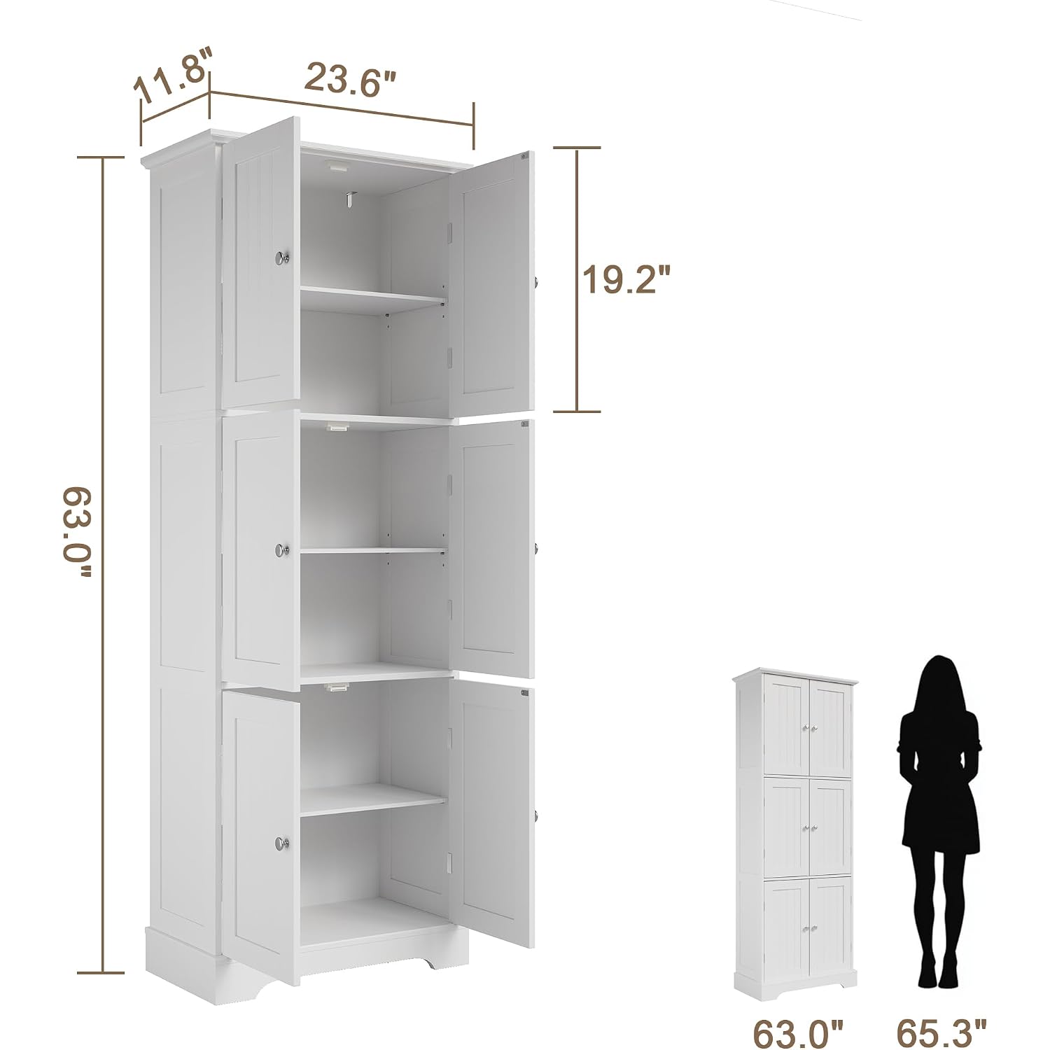 Choochoo 63.2" Tall Bathroom Storage Cabinet With 6 Doors | Freestanding Floor Cabinet, Adjustable Shelves, Pantry Cabinet For Bathroom, Kitchen, Laundry Room, White