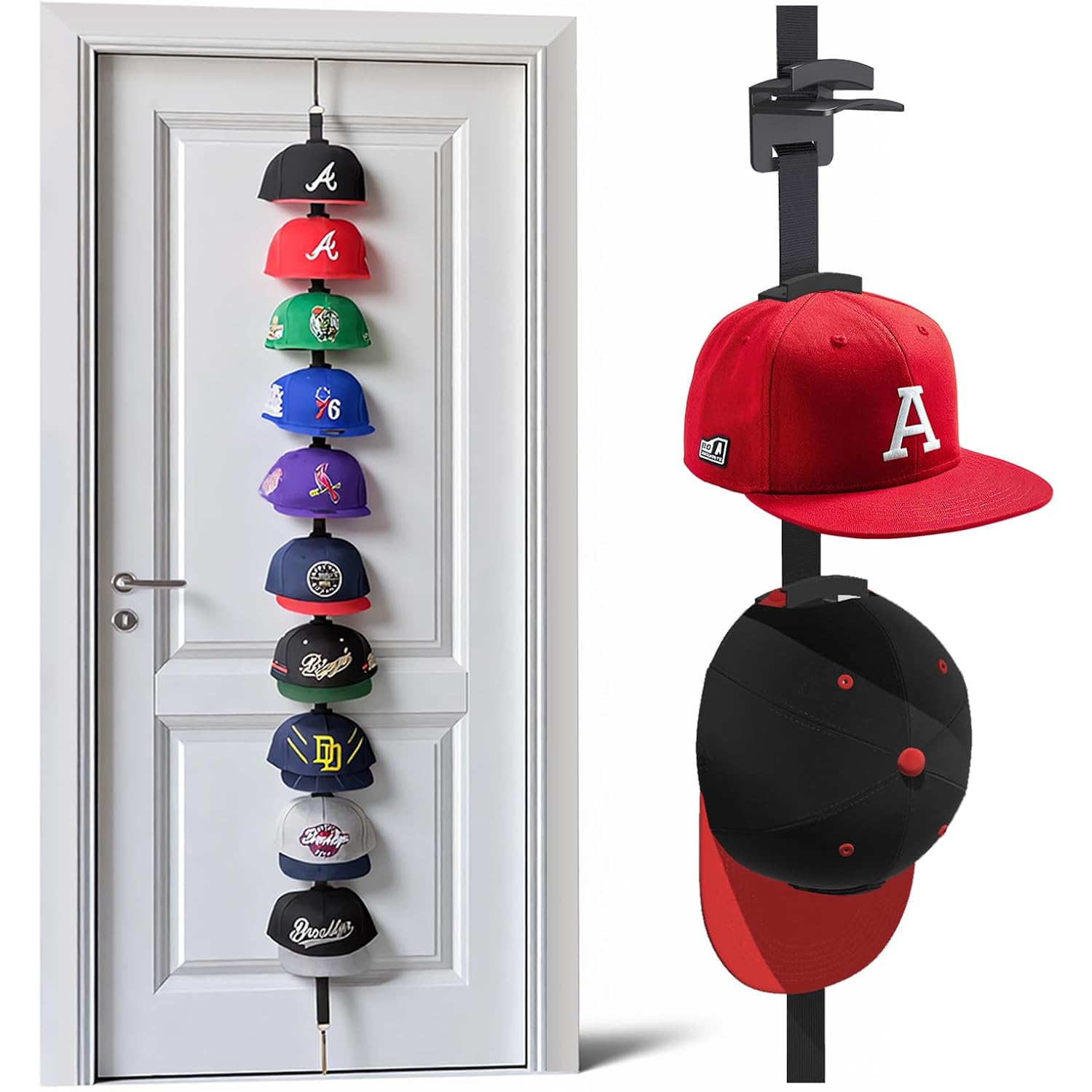 Hat Rack For Door - Two-Way Hanging Caps With Display Hooks And Hanger, Hat Organizer For Baseball Caps, Over The Door Hat Storage Organizer For Bedroom, Entrance Or Garage Doors - 1 Pack