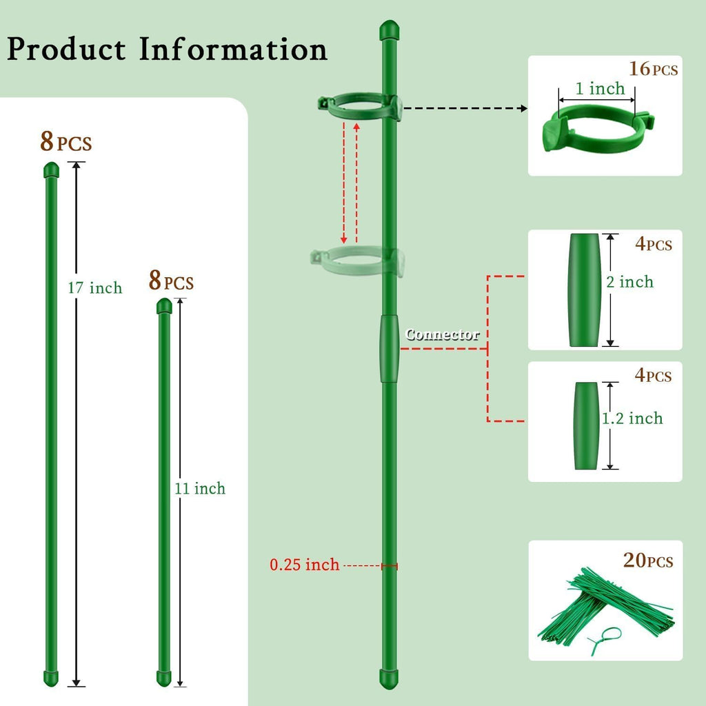 Plant Stakes 17Inch &11Inch Supking Adjustable Length Plant Support Stake 16Pcs Orchid Stick With Clips For Indoor Outdoor,Garden Pole For Potted Tomato Amaryllis Vegetables Comes With 20 Ties (Green)