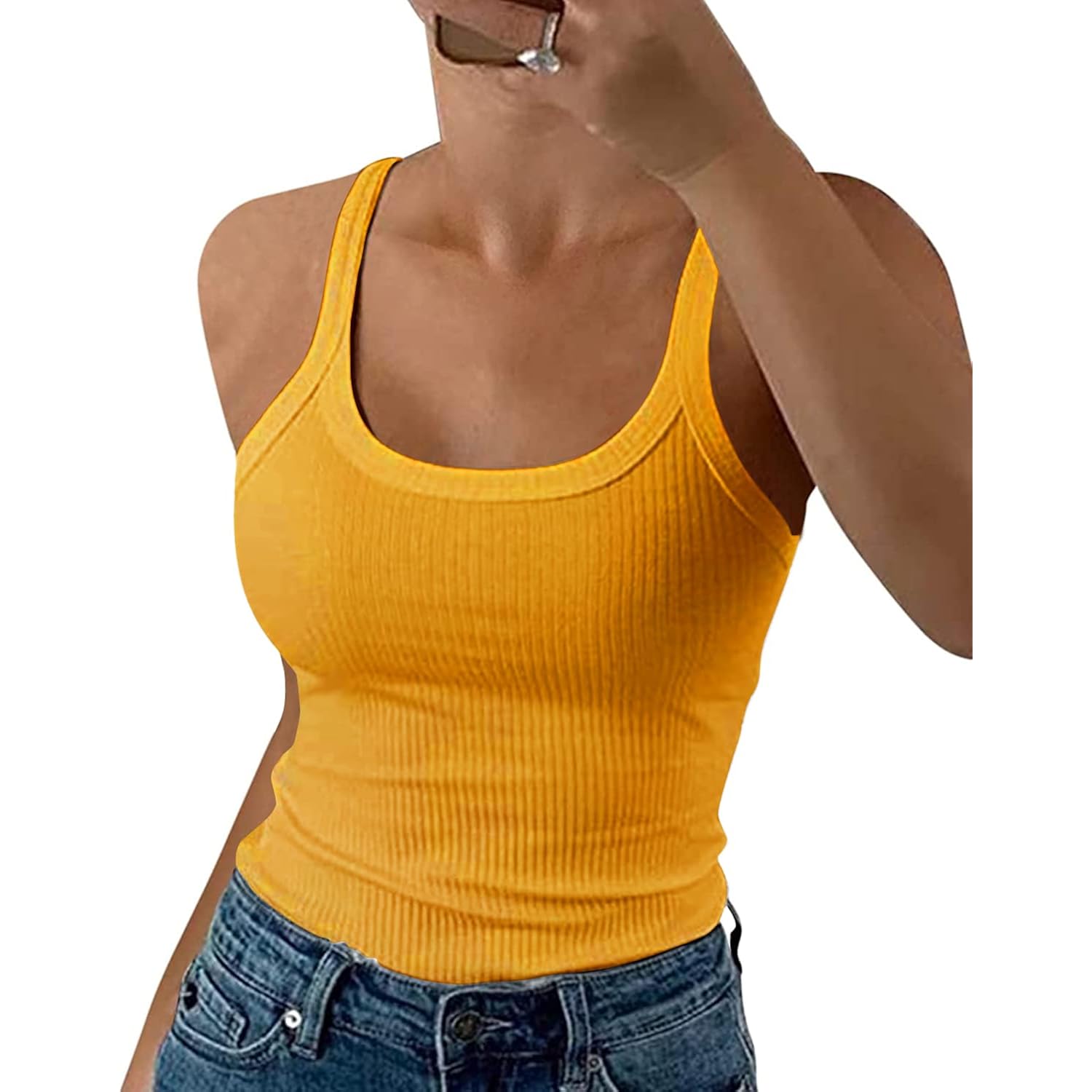 GEMBERA Women Spaghetti Strap Scoop Neck Ribbed Tank Tops Slim Fitted Cotton Camisole Basic Sleeveless Layering Shirts